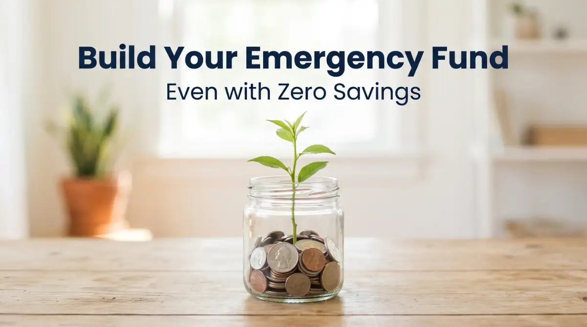 A glass jar labeled emergency fund with a small green sprout growing inside, symbolizing how to build an emergency fund when you have no savings.