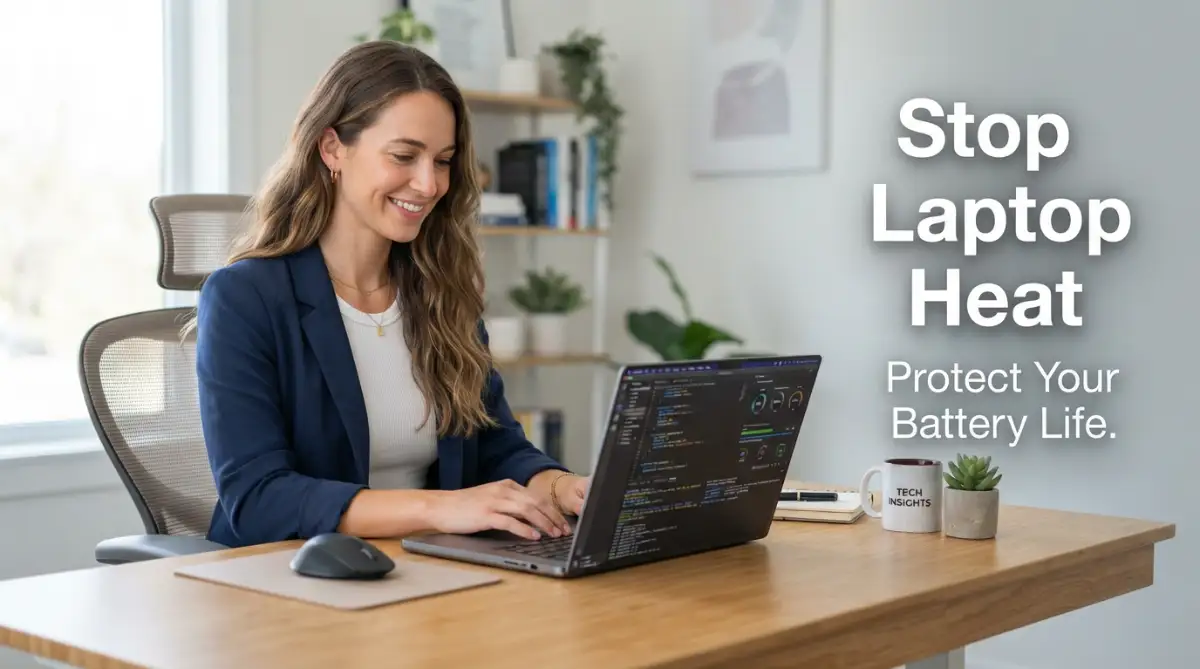 A clean studio photograph of a laptop on a desk showing tips on how to prevent laptop overheating and save battery life.