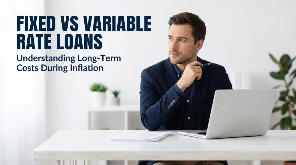 A young man reviewing financial options on his laptop to compare fixed rate versus variable rate loan costs during rising inflation.