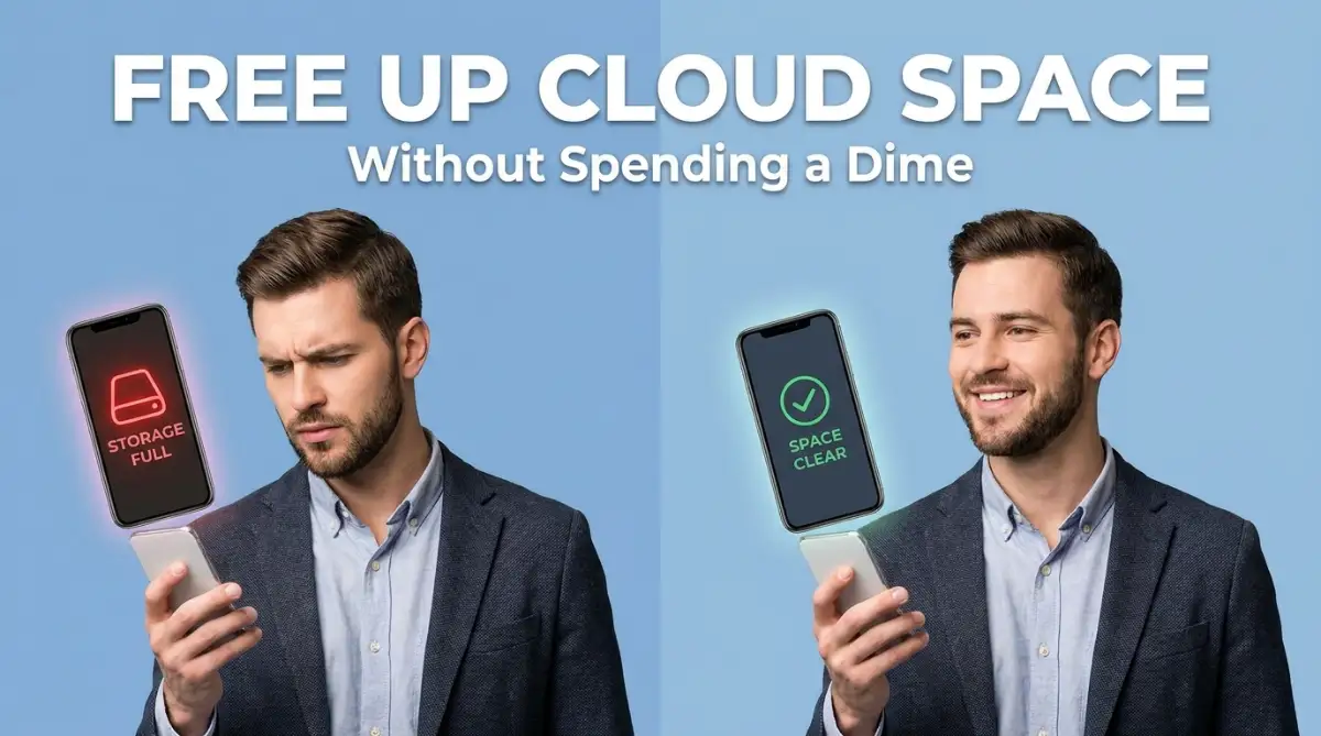 A frustrated young man looking at a storage full warning on his phone, representing the common struggle of free cloud drive limitations before learning how to fix it.