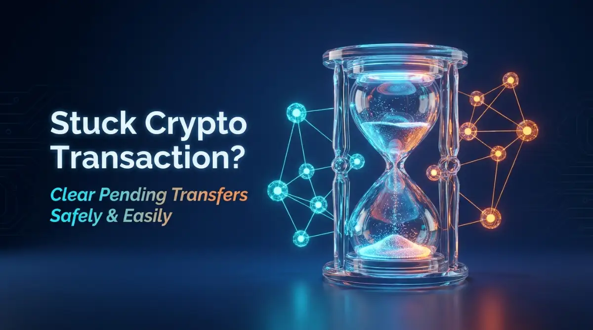 A visual representation of a stuck crypto transaction stuck in the blockchain queue with simple solution steps.
