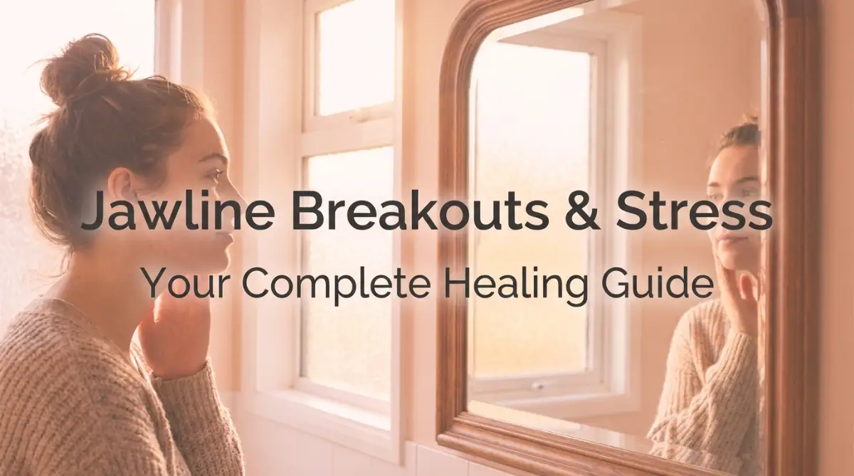 A realistic and dynamic hero image showing a young woman gently touching her jawline in the mirror, representing the emotional journey of dealing with stress-induced hormonal breakouts and finding a healing routine.
