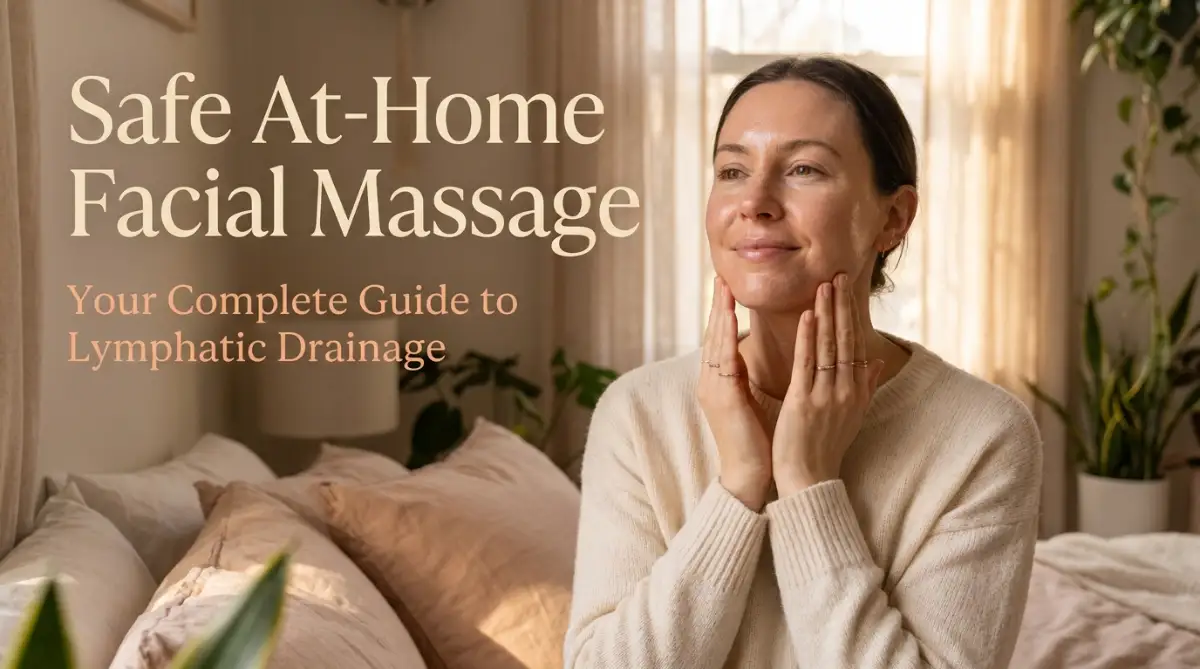 A realistic and dynamic image showing a relaxed woman performing a safe at-home facial massage routine for lymphatic drainage to depuff her skin naturally.