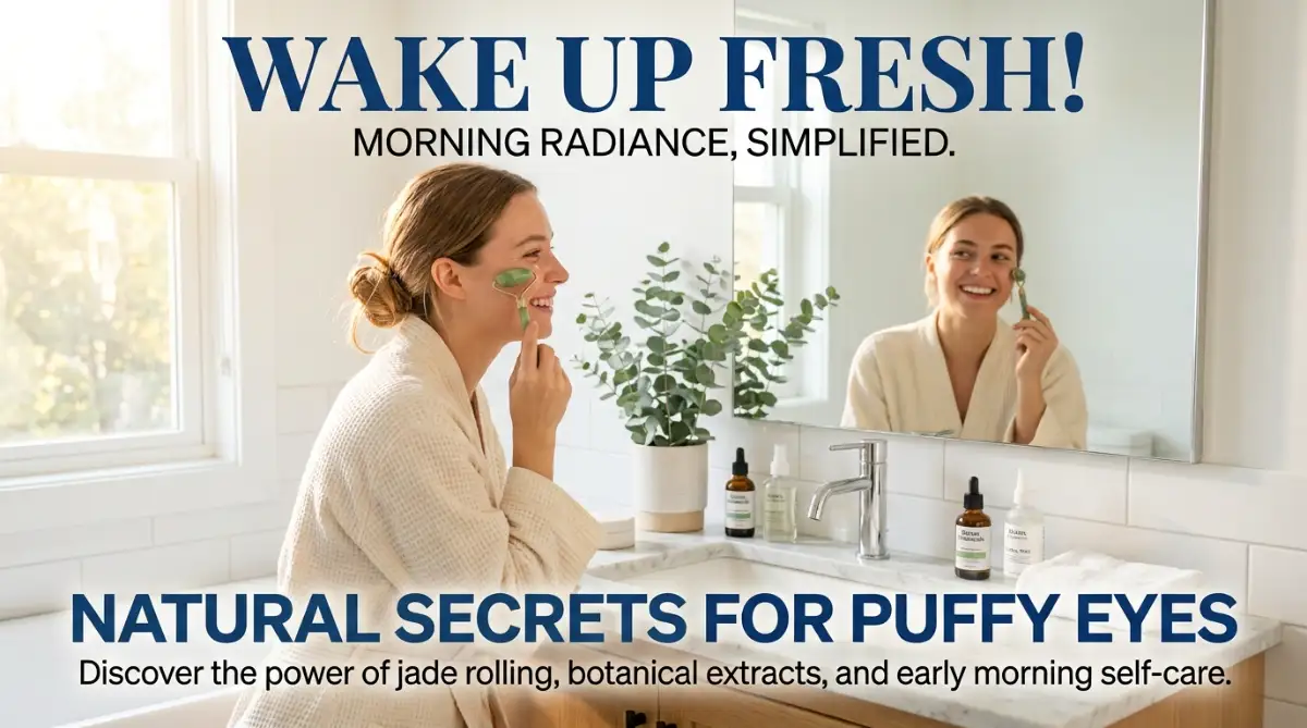 A fresh-faced woman smiling in a bright bathroom while using a cooling jade roller to naturally reduce morning under-eye puffiness.