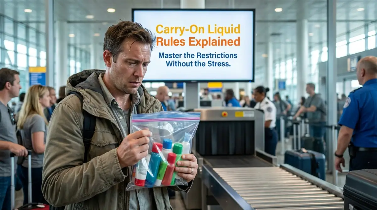 A stressed traveler at an airport security checkpoint looking closely at a clear plastic bag of travel-sized toiletries to ensure they follow the carry-on liquid rules.