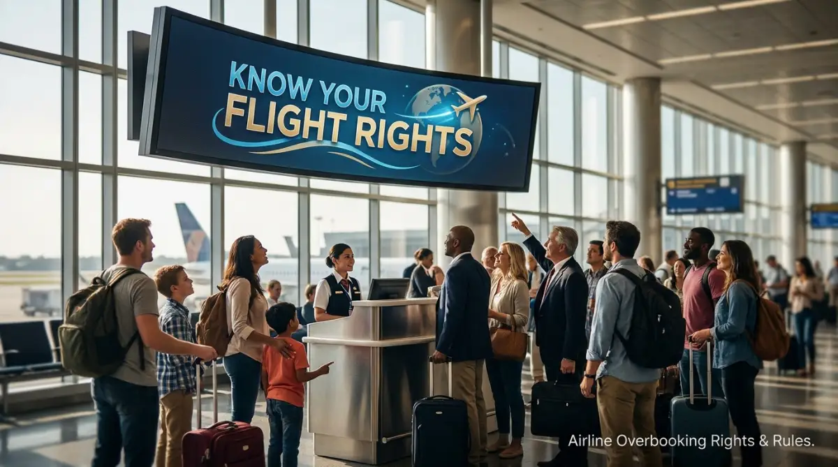 A confident passenger standing at an airport boarding gate learning about their airline overbooking compensation rights and flight refund rules.