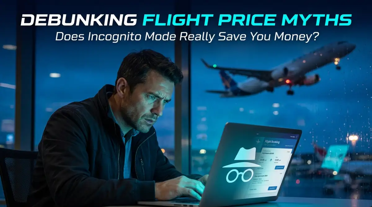 A realistic view of a stressed traveler checking flight prices on a laptop, questioning if incognito mode actually prevents airlines from raising ticket prices based on search history.
